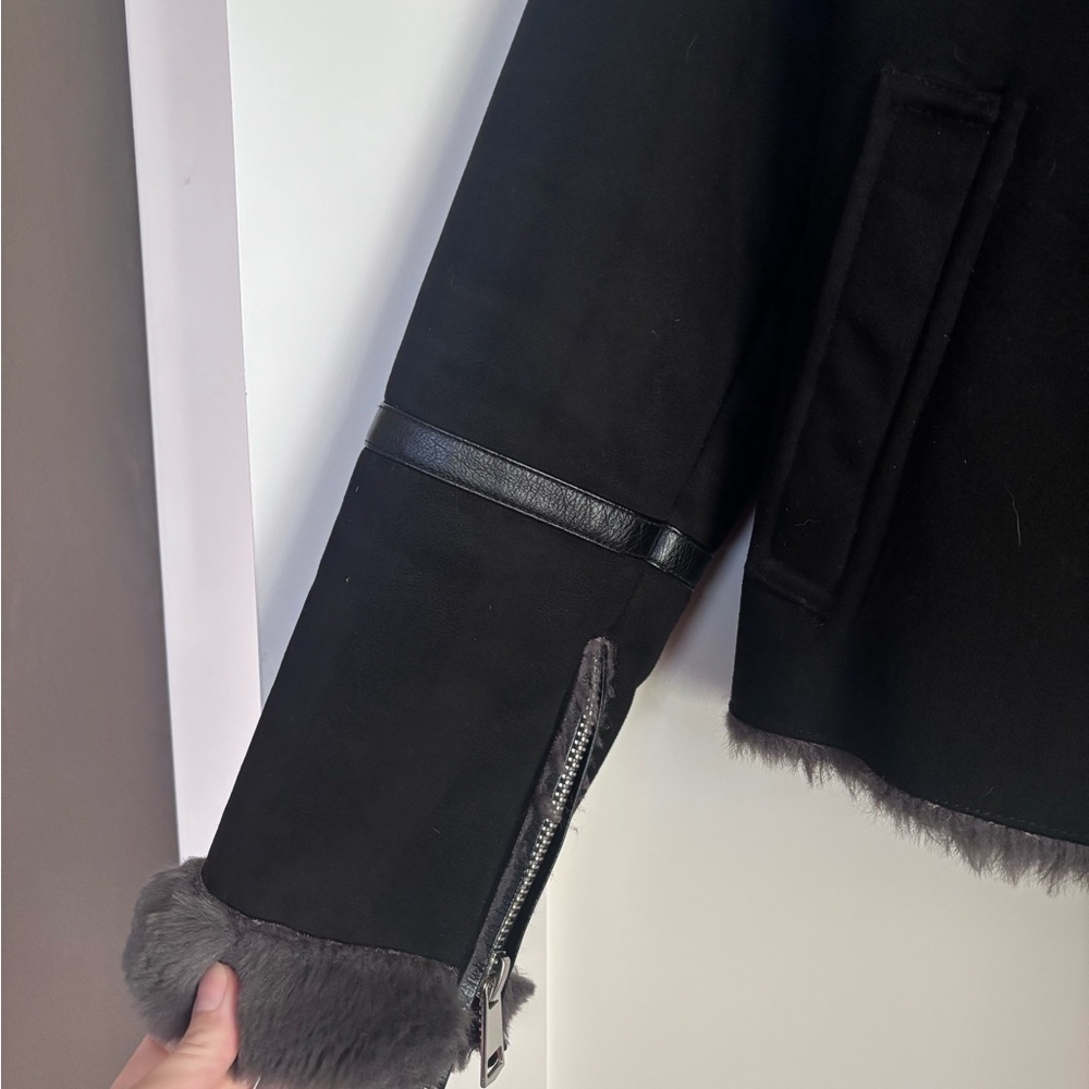 Zara Black Jacket with Dark Gray Faux Shearling Trim - Picture 5 of 6